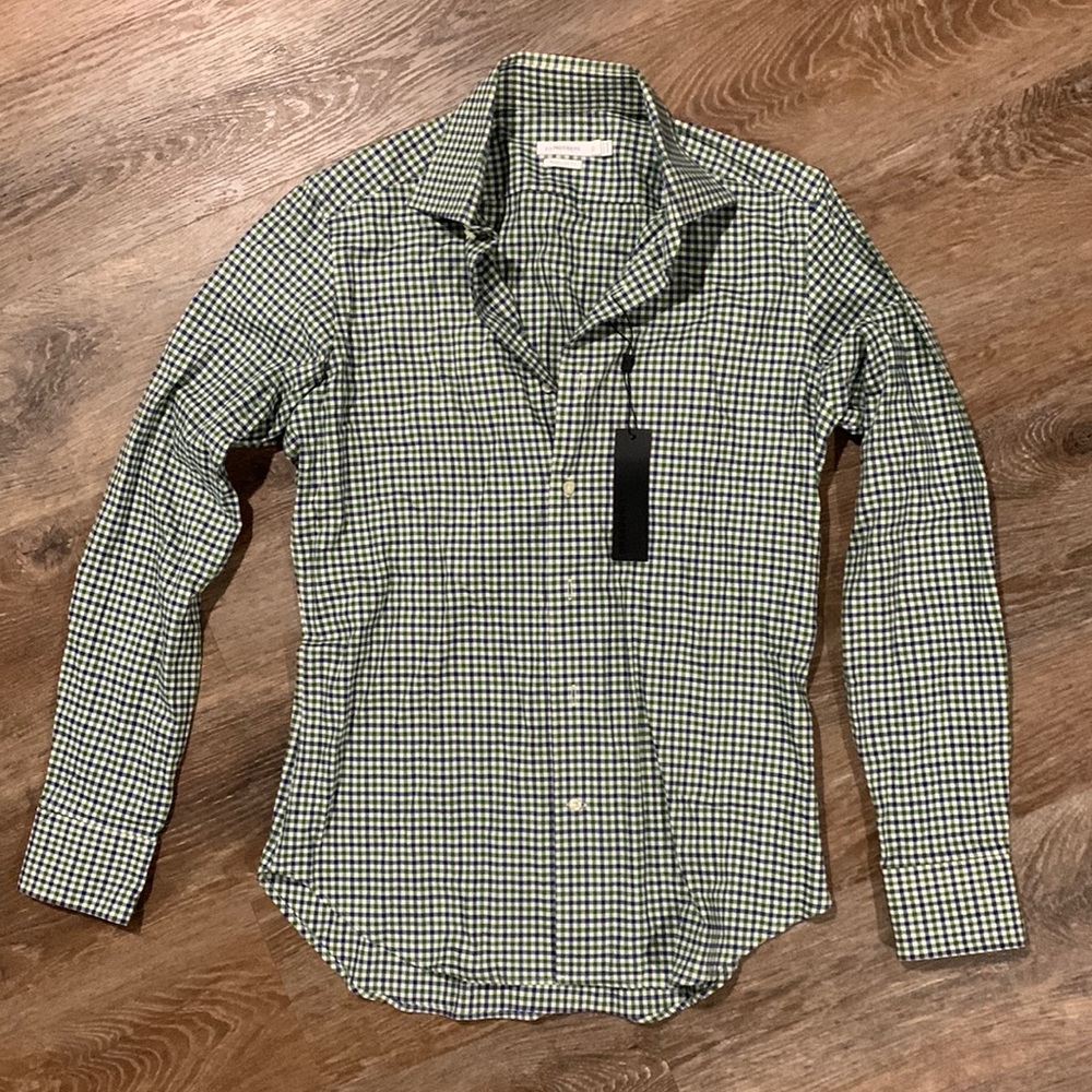 J.Lindeberg Regular Fit Dress Shirt 38/15 Green Blue Plaid Men New with Tags NWT